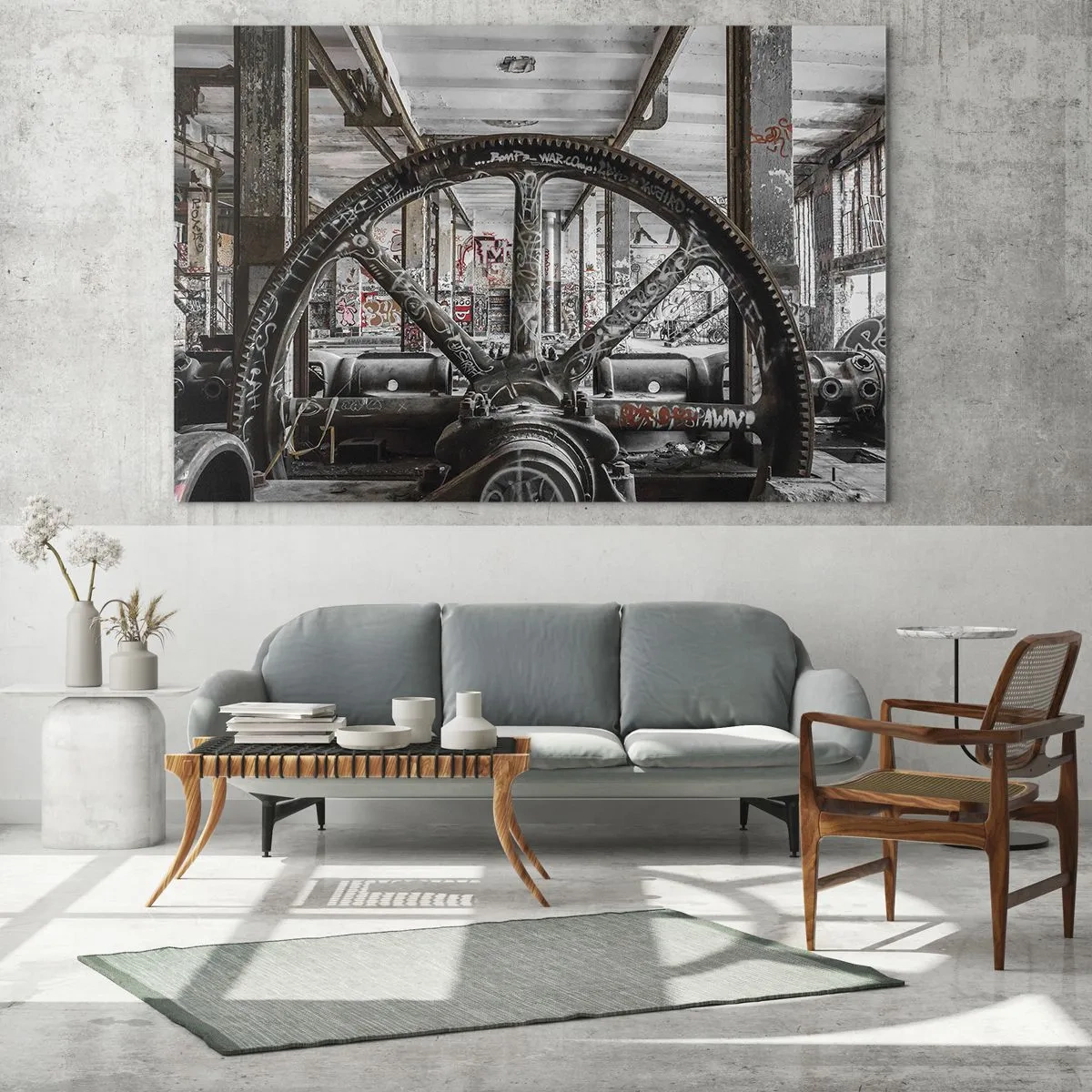 Obraz na szkle - Zabytkowe wnętrze industrialne z kołem zębatym - 70x50cm - Sekretne życie fabryki - Nowoczesna dekoracja ścienna do salonu i sypialni ARTTOR