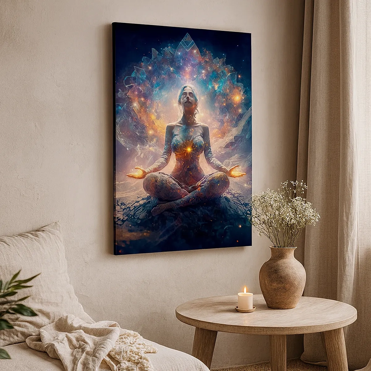 Obraz na płótnie - Medytująca kobieta otoczona kosmiczną energią i światłem - 50x70cm - Przepływ dobrej energii - Nowoczesna dekoracja ścienna do salonu, kuchni i sypialni ARTTOR