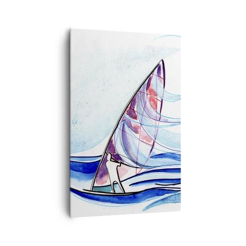 Obraz na płótnie - Surfer na falach w abstrakcyjnej kompozycji akwarelowej - 80x120cm - Z wiatrem w rytmie fal - Nowoczesna dekoracja ścienna do salonu i sypialni ARTTOR