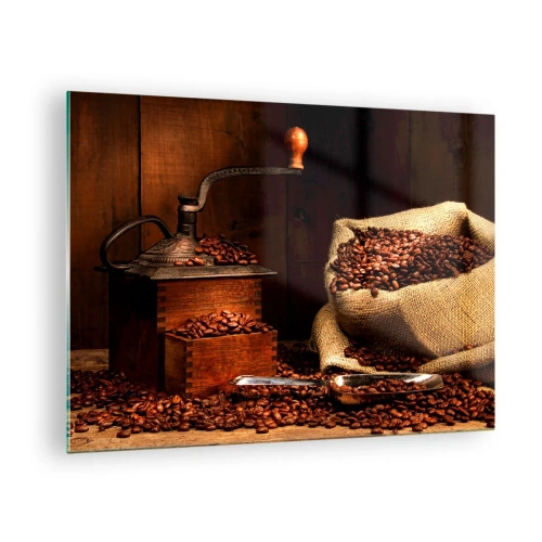 Obraz na szkle - Stary młynek do kawy z ziarnami i worek z kawą - 70x50cm - Martwa natura z ziarnami kawy i młynkiem - Nowoczesna dekoracja ścienna do salonu i sypialni ARTTOR
