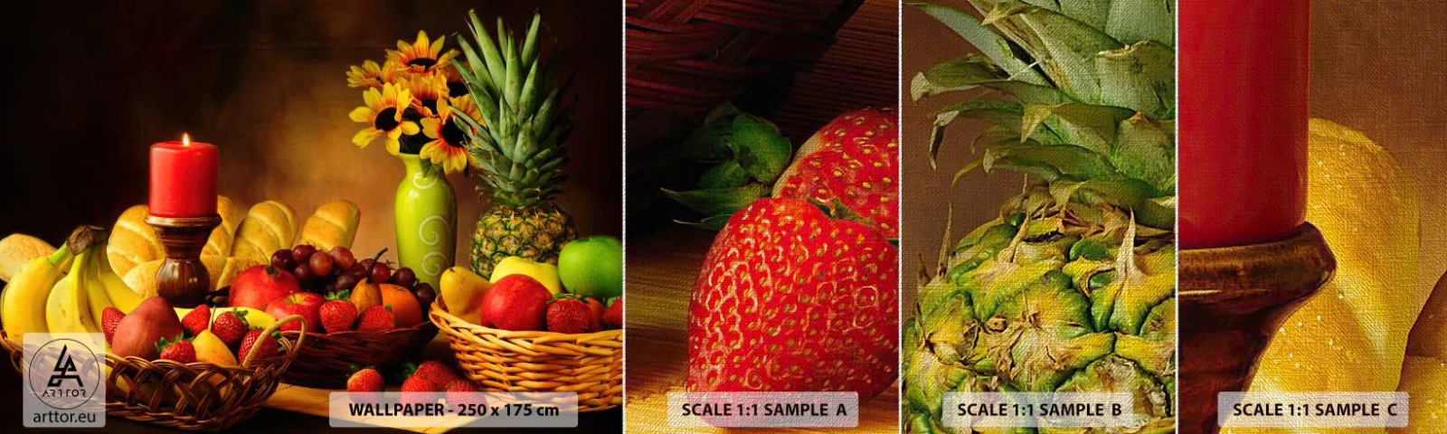 Fototapeta Próbka Premium Canvas - Martwa natura z pieczywem i owocami - Gastronomia, Kwiaty, Owoce - 100x30 cm