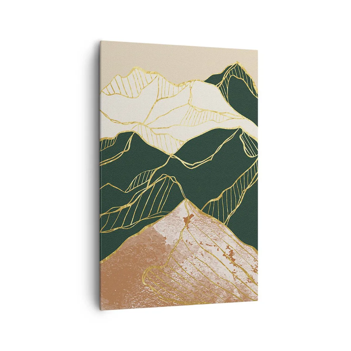 Obraz na płótnie - Abstrakcyjne góry w odcieniach zieleni i beżu ze złotymi liniami - 80x120cm - Złote szczyty - Nowoczesna dekoracja ścienna do salonu i sypialni ARTTOR