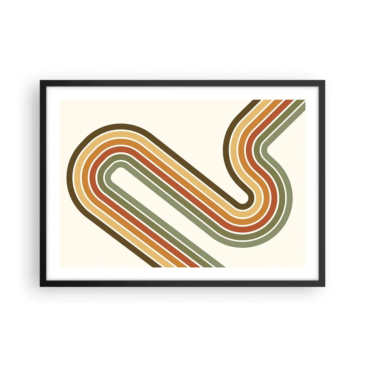 Plakat w czarnej ramie - Geometryczny wzór w odcieniach zieleni, pomarańczu i beżu na jasnym tle - 70x50cm - Zygzakiem do celu - Nowoczesna dekoracja ścienna do salonu i sypialni ARTTOR