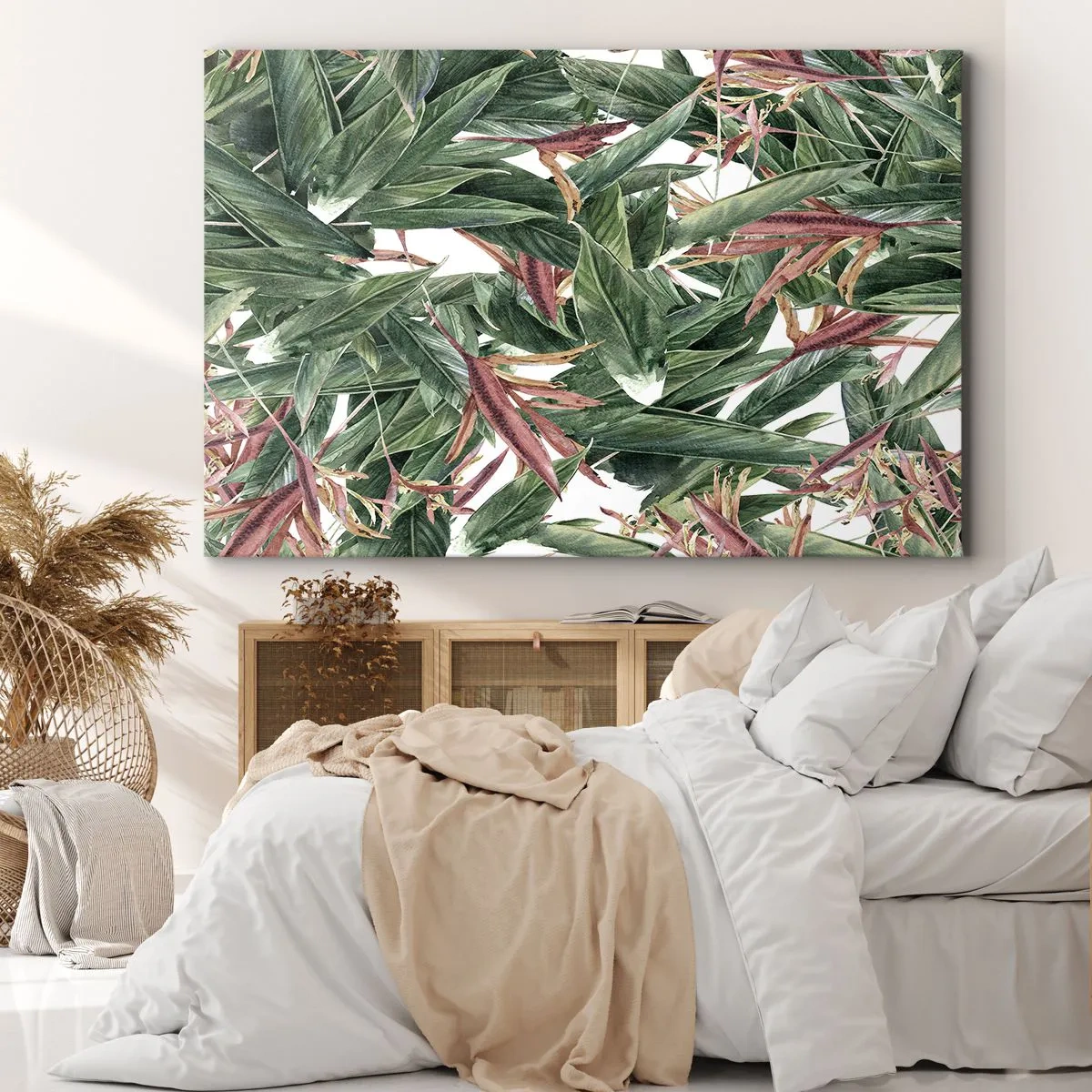 Obraz na płótnie - Dekoracyjny motyw liści w odcieniach zieleni i bordo na jasnym tle - 100x70cm - Szmaragdowo-liliowy gąszcz - Nowoczesna dekoracja ścienna do salonu, kuchni i sypialni ARTTOR