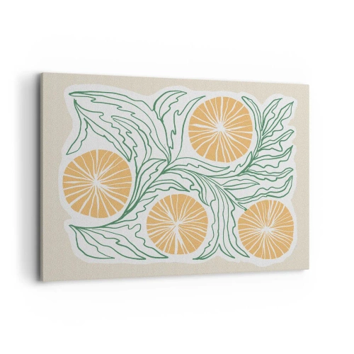 Obraz na płótnie - Minimalistyczny motyw pomarańczy z zielonymi liśćmi - 100x70cm - Etnicznie z nutą abstrakcji - Nowoczesna dekoracja ścienna do salonu, kuchni i sypialni ARTTOR