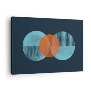 Obraz na płótnie - Geometryczne koła w odcieniach niebieskiego i pomarańczowego - 70x50cm - Kompozycja symetryczna - Nowoczesna dekoracja ścienna do salonu i sypialni ARTTOR