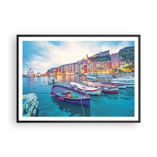 Plakat w czarnej ramie - Kolorowe miasteczko nad wodą z łodziami w porcie - 100x70cm - Kolorowy wieczór w porcie - Nowoczesna dekoracja ścienna do salonu i sypialni ARTTOR