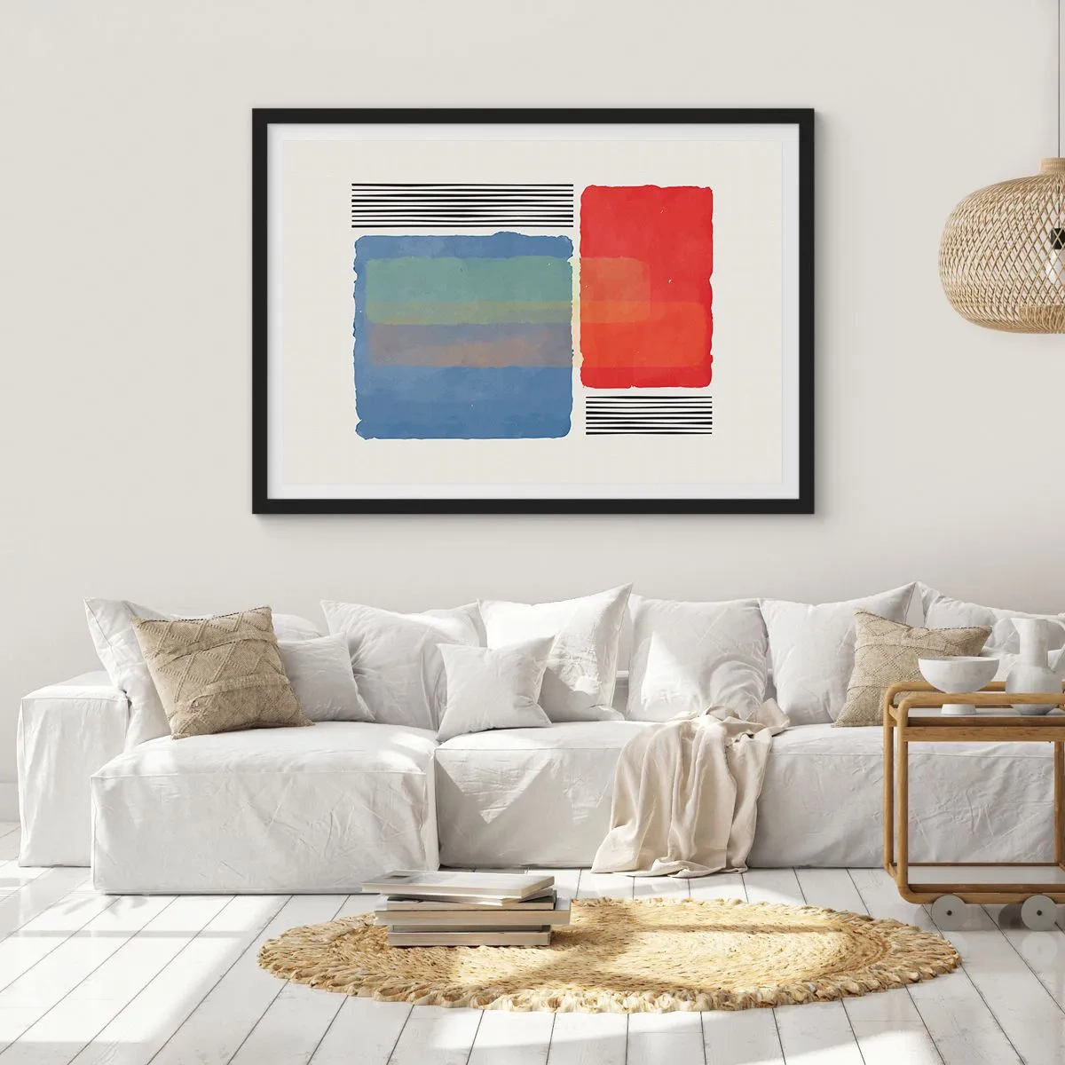 Plakat w czarnej ramie - Geometryczna kompozycja z kolorowymi blokami i liniami - 70x50cm - Duch i litera geometrii - Nowoczesna dekoracja ścienna do salonu i sypialni ARTTOR