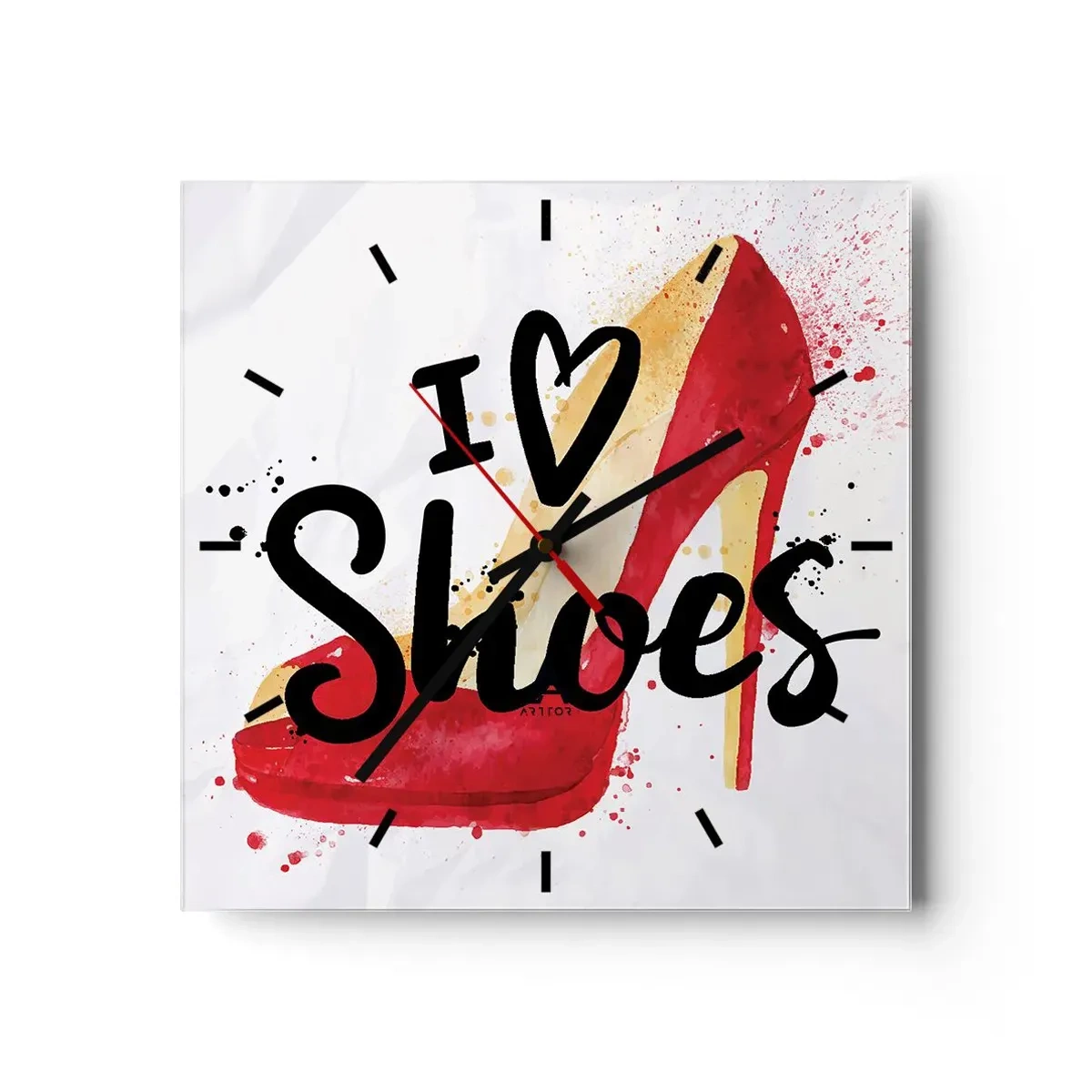Zegar ścienny - Czerwony szpilka z napisem I love Shoes na białym tle - 30x30cm - Miłość niejedno ma imię - Nowoczesna dekoracja ścienna do salonu i sypialni ARTTOR