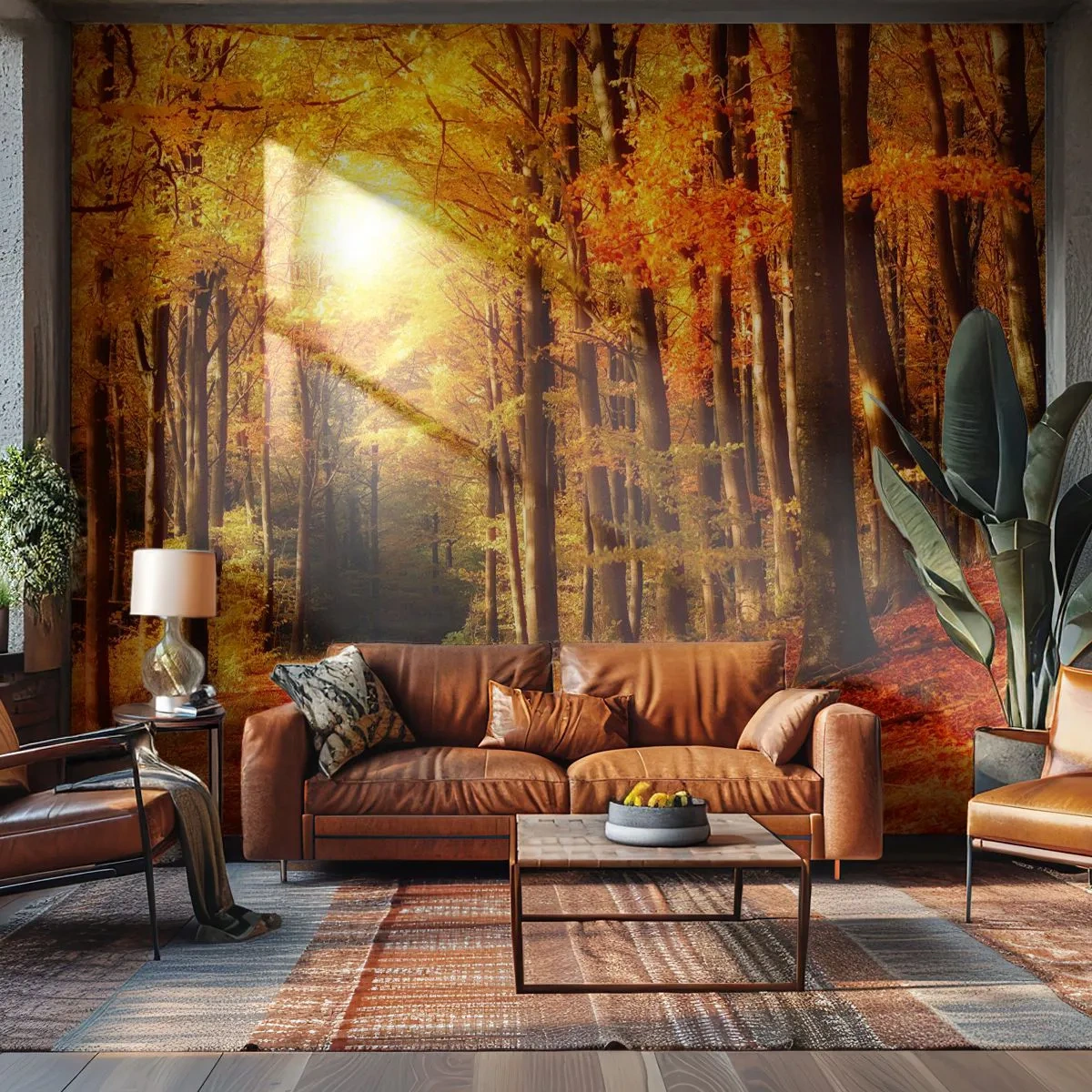 Fototapeta Premium Sand - Jesienny las z promieniami słońca o złocistej barwie - 100x70cm - Złota jesień na leśnej drodze - Nowoczesna dekoracja ścienna do salonu, kuchni i sypialni ARTTOR