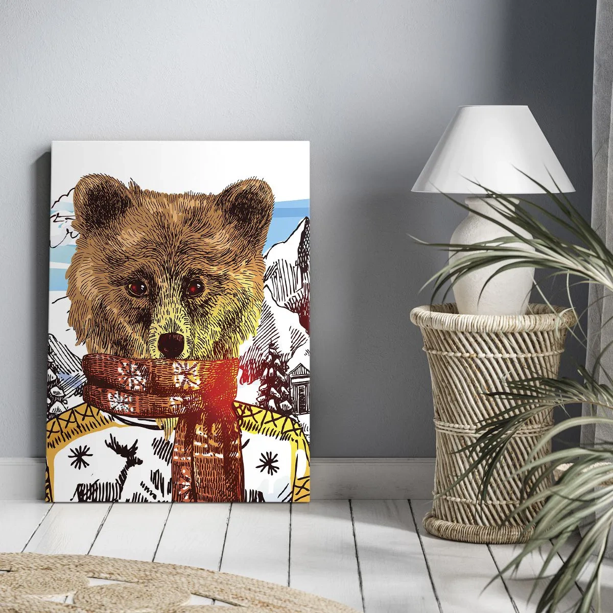 Obraz na płótnie - Ilustracja niedźwiedzia w szaliku na tle gór - 50x70cm - Chatka niedźwiadka - Nowoczesna dekoracja ścienna do salonu, kuchni i sypialni ARTTOR