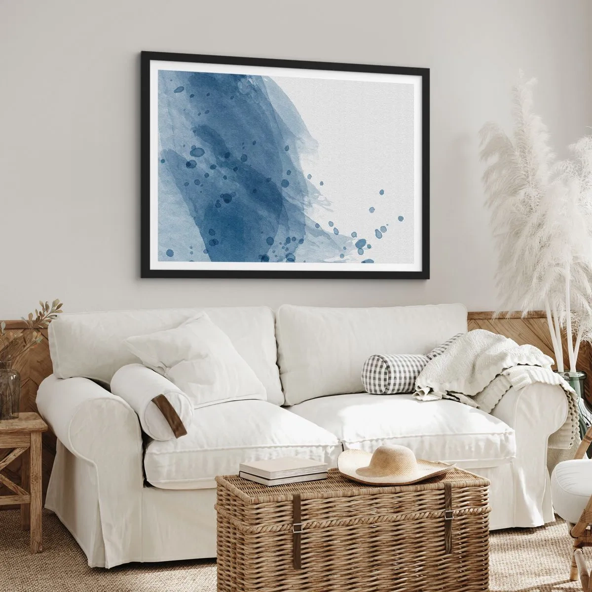 Plakat w czarnej ramie - Abstrakcyjne plamy i smugi w odcieniach niebieskiego - 100x70cm - Niebieski tiul - Nowoczesna dekoracja ścienna do salonu i sypialni ARTTOR