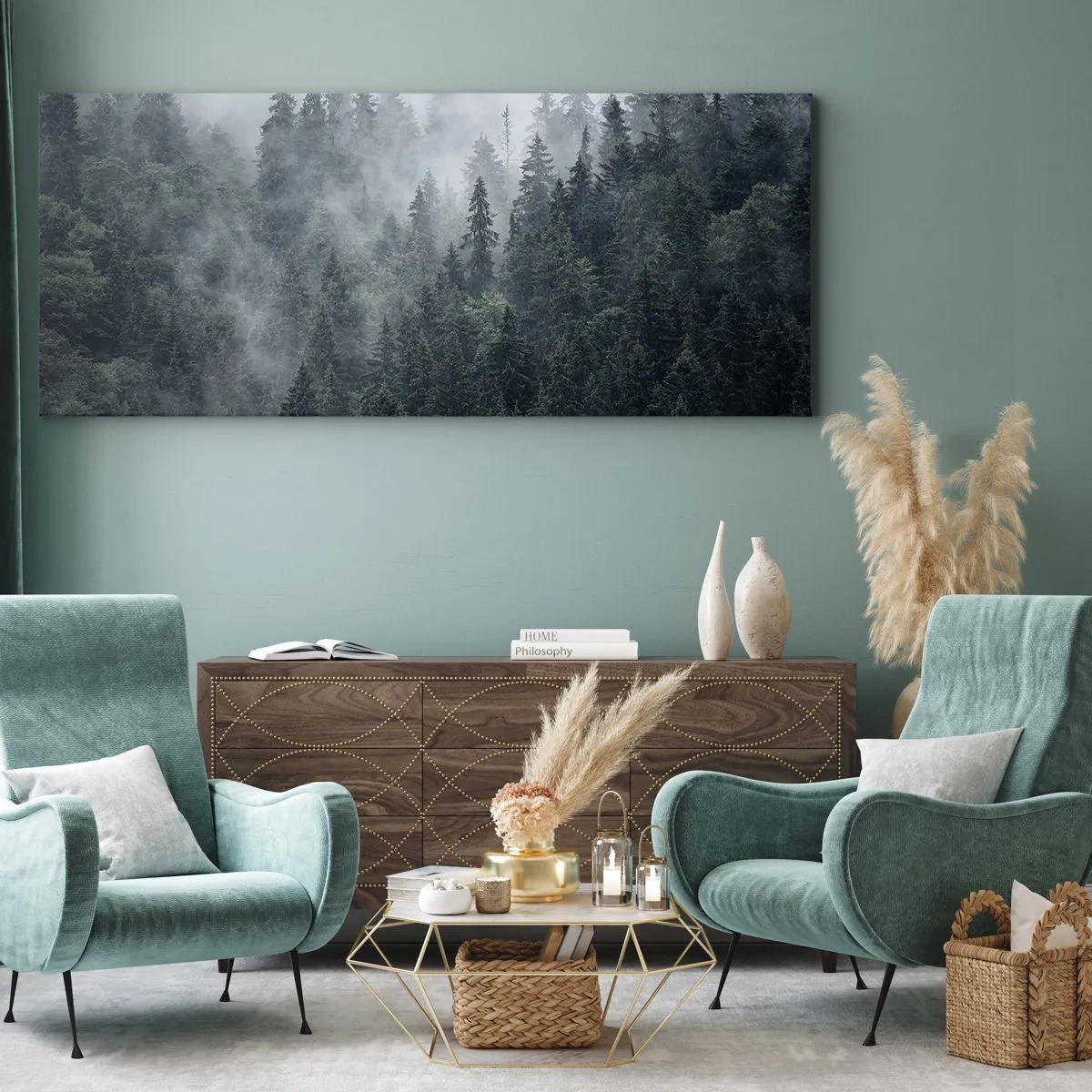 Obraz na płótnie - Mglisty las iglasty w tonacji szarości i zieleni - 160x50cm - Leśny świt - Nowoczesna dekoracja ścienna do salonu i sypialni ARTTOR