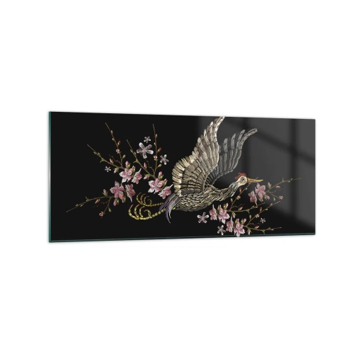 Obraz na szkle - Ptak w locie z kwiatami na czarnym tle - 120x50cm - Egzotyczny, haftowany ptak - Nowoczesna dekoracja ścienna do salonu i sypialni ARTTOR