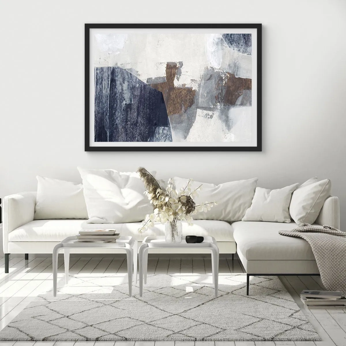 Plakat w czarnej ramie - Błękitno-brunatne kształty - 91x61 cm