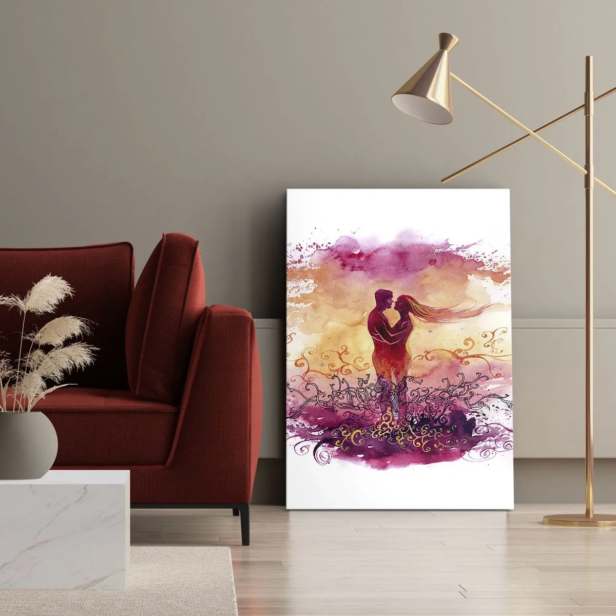 Obraz na płótnie - Zakochana para w objęciach z artystycznym tłem - 50x70cm - Jednego serca! Tak mało mi trzeba… - Nowoczesna dekoracja ścienna do salonu, kuchni i sypialni ARTTOR