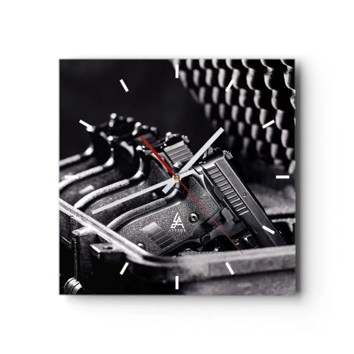 Zegar ścienny - Czarno-biały obraz z widokiem na poukładane pistolety w walizce - 30x30cm - Męski sport - Nowoczesna dekoracja ścienna do salonu i sypialni ARTTOR