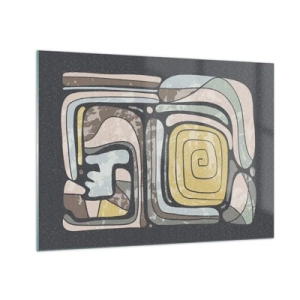 Obraz na szkle - Geometryczna abstrakcja w kolorach ziemi na czarnym tle - 70x50cm - Abstrakcja w duchu prekolumbijskim - Nowoczesna dekoracja ścienna do salonu i sypialni ARTTOR