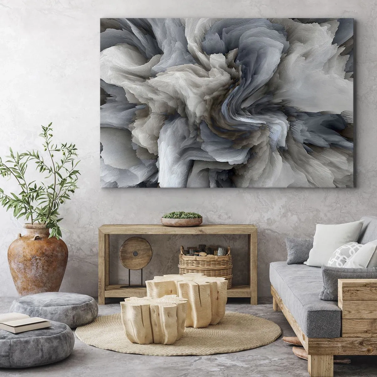 Obraz na płótnie - Abstrakcyjny wir w odcieniach szarości i błękitu - 70x50cm - Kamień i kwiat - Nowoczesna dekoracja ścienna do salonu i sypialni ARTTOR
