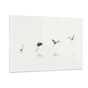 Obraz na szkle - Sylwetki czterech ptaków w ruchu nad wodą - 120x80cm - Cztery proste kroki - Nowoczesna dekoracja ścienna do salonu, kuchni i sypialni ARTTOR
