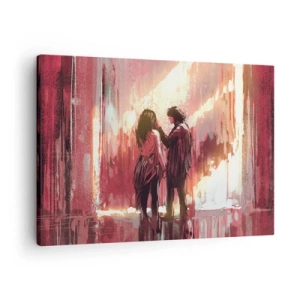 Obraz na płótnie - Para stojąca w ciepłym świetle na tle abstrakcyjnych wzorów - 70x50cm - Odwieczny spektakl miłości - Nowoczesna dekoracja ścienna do salonu i sypialni ARTTOR