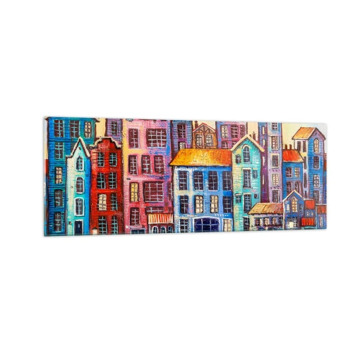 Obraz na szkle - Kolorowe kamienice nad wodą w artystycznym stylu - 140x50cm - Miasto jak z bajki - Nowoczesna dekoracja ścienna do salonu i sypialni ARTTOR