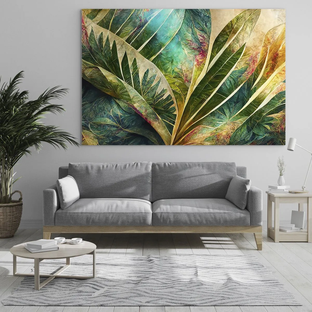 Obraz na szkle - Kolorowe liście o tropikalnym charakterze - 70x50cm - Barwy tropików - Nowoczesna dekoracja ścienna do salonu i sypialni ARTTOR