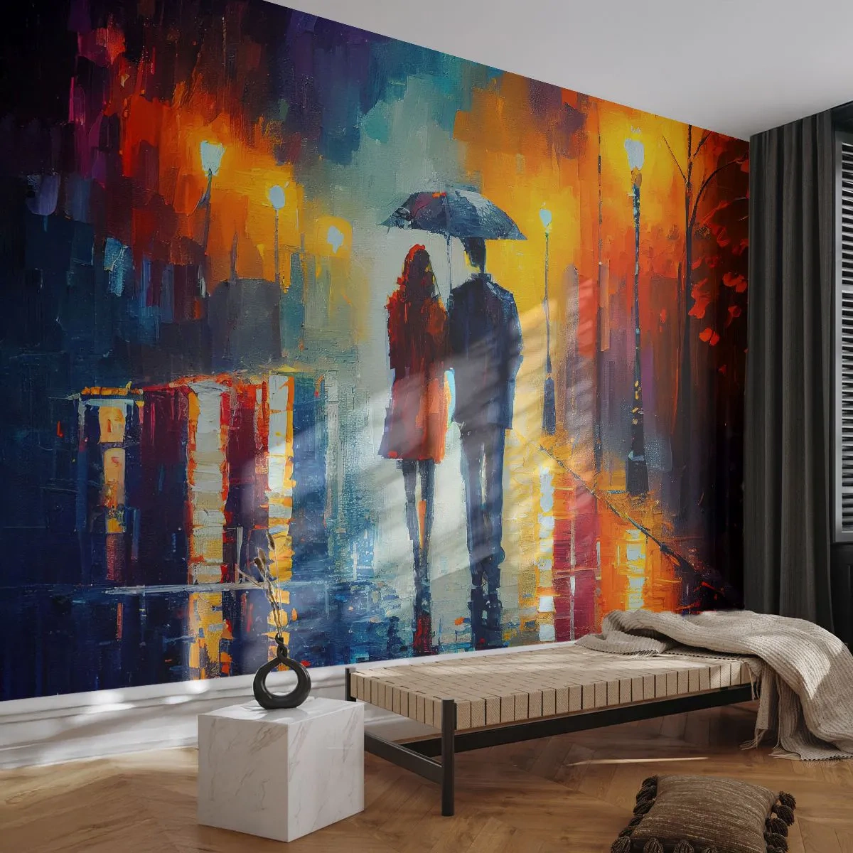 Fototapeta Premium Sand - Para pod parasolem spacerująca nocą w świetle latarni - 100x70cm - Razem – kolorowa noc - Nowoczesna dekoracja ścienna do salonu, kuchni i sypialni ARTTOR