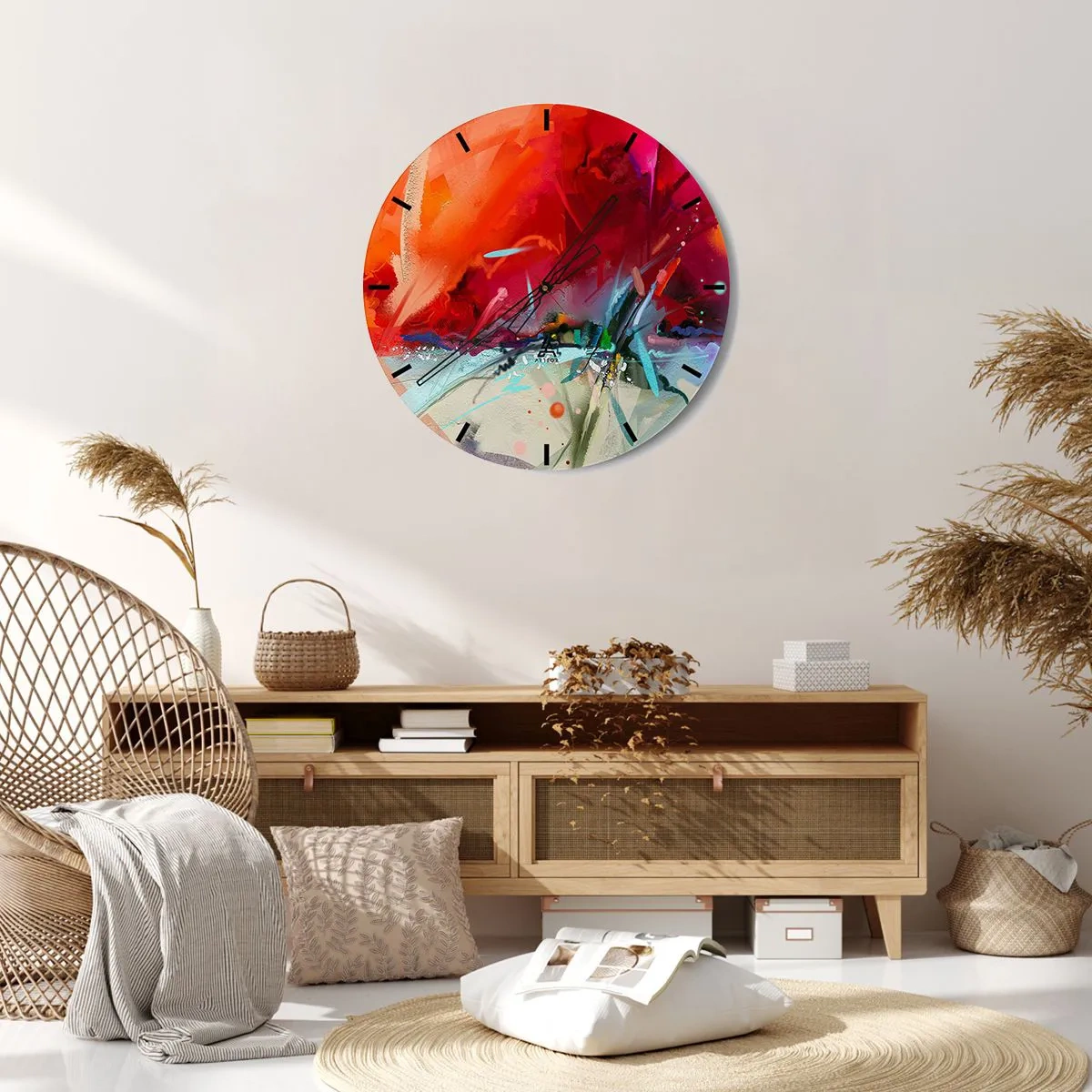 Zegar ścienny - Abstrakcyjna gra intensywnych czerwieni i subtelnych detali - 30x30cm - Eksplozja świateł i barw - Nowoczesna dekoracja ścienna do salonu, kuchni i sypialni ARTTOR