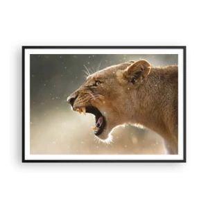 Plakat w czarnej ramie - Portret ryczącej lwicy w naturalnym świetle - 100x70cm - Spróbuj nie posłuchać - Nowoczesna dekoracja ścienna do salonu i sypialni ARTTOR