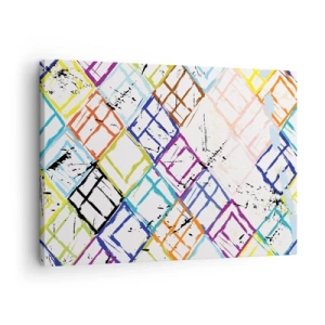 Obraz na płótnie - Kolorowa abstrakcja z geometrycznymi kształtami na białym tle - 70x50cm - Komórki do wynajęcia - Nowoczesna dekoracja ścienna do salonu i sypialni ARTTOR