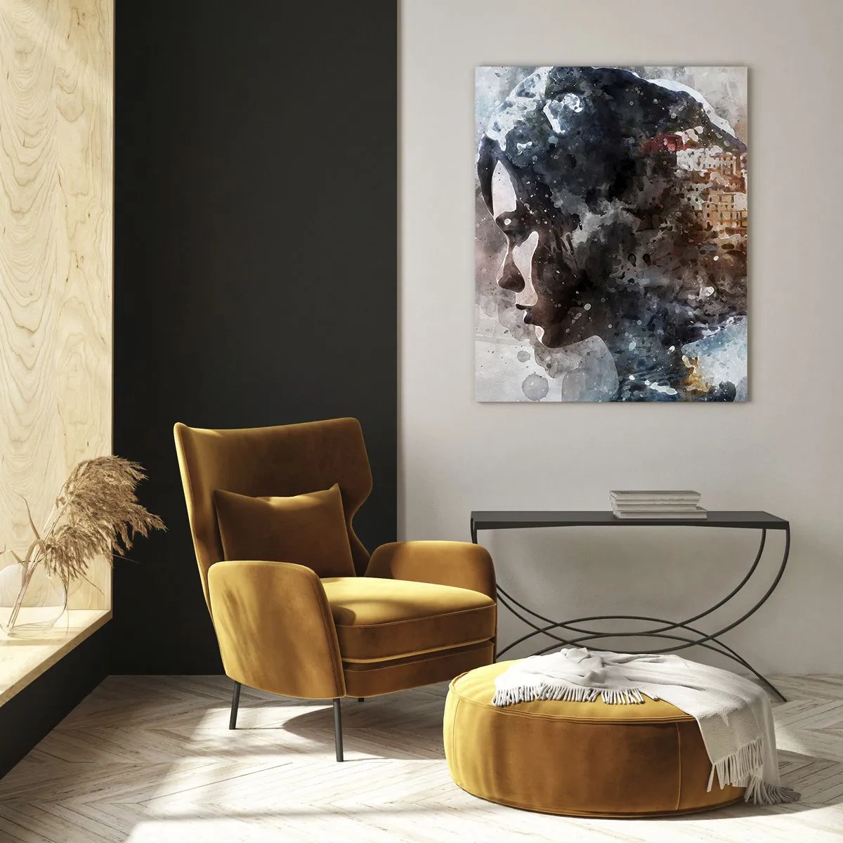 Obraz na szkle - Profil kobiety w akwarelowym stylu z miastem w tle - 50x70cm - Opowieść o dziewczynie z miastem w tle - Nowoczesna dekoracja ścienna do salonu, kuchni i sypialni ARTTOR