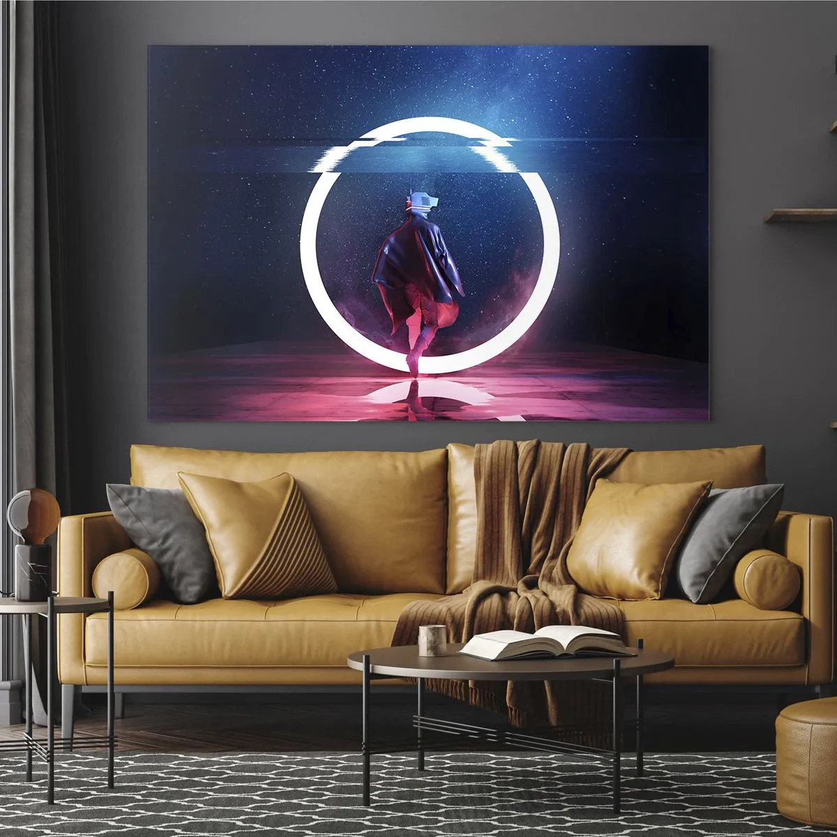 Obraz na szkle - Postać w futurystycznej scenerii z neonowym pierścieniem - 70x50cm - Między światami - Nowoczesna dekoracja ścienna do salonu i sypialni ARTTOR