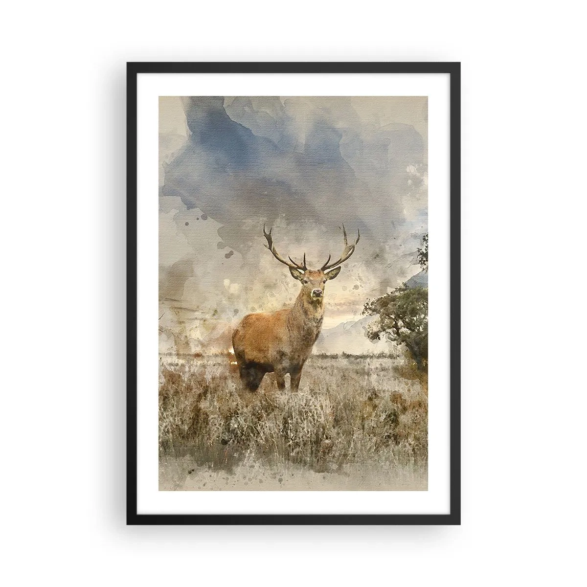 Plakat w czarnej ramie - Jeleń na tle natury w malarskim stylu - 50x70cm - Godność - siła - dostojeństwo - Nowoczesna dekoracja ścienna do salonu i sypialni ARTTOR