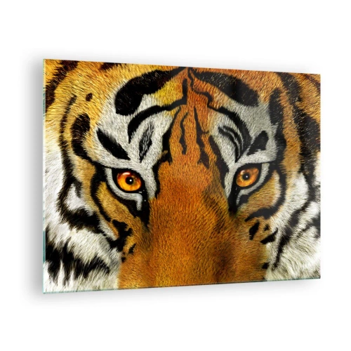 Obraz na szkle - Intensywne spojrzenie tygrysa na zbliżeniu - 70x50cm - Groźny i piękny - Nowoczesna dekoracja ścienna do salonu i sypialni ARTTOR