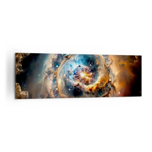Obraz na płótnie - Abstrakcyjna wizja kosmicznej eksplozji w odcieniach złota i błękitu - 160x50cm - Początek - Nowoczesna dekoracja ścienna do salonu i sypialni ARTTOR