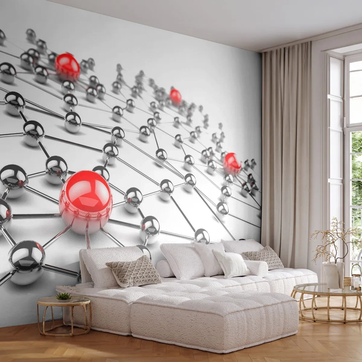 Fototapeta Samoprzylepna Deluxe Sticker - Srebrzysta sieć - Abstrakcja, Metalowe Kule, 3D - 250x175 cm