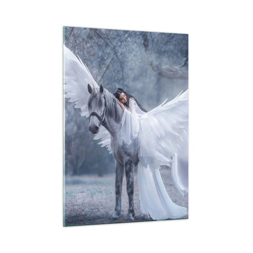 Obraz na szkle - Pegaz z białymi skrzydłami i kobietą w sukni w mistycznym lesie - 50x70cm - Natchniona chwila - Nowoczesna dekoracja ścienna do salonu, kuchni i sypialni ARTTOR