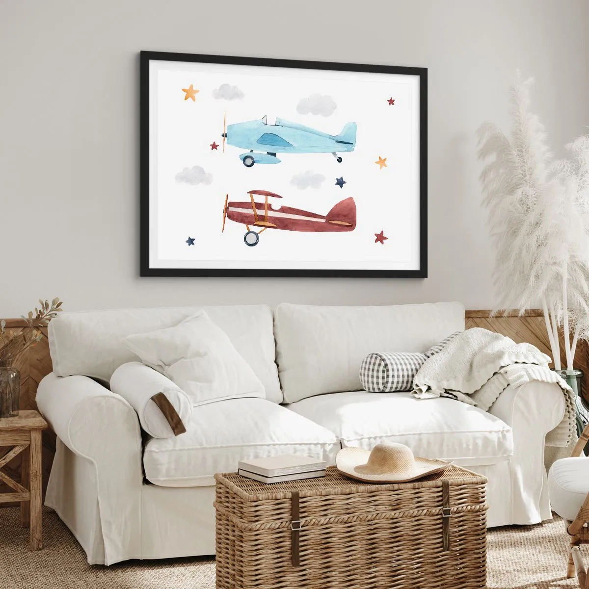 Plakat w czarnej ramie - Ręcznie malowane samoloty na tle chmur i gwiazd - 70x50cm - Panie pilocie, czekamy! - Nowoczesna dekoracja ścienna do salonu i sypialni ARTTOR