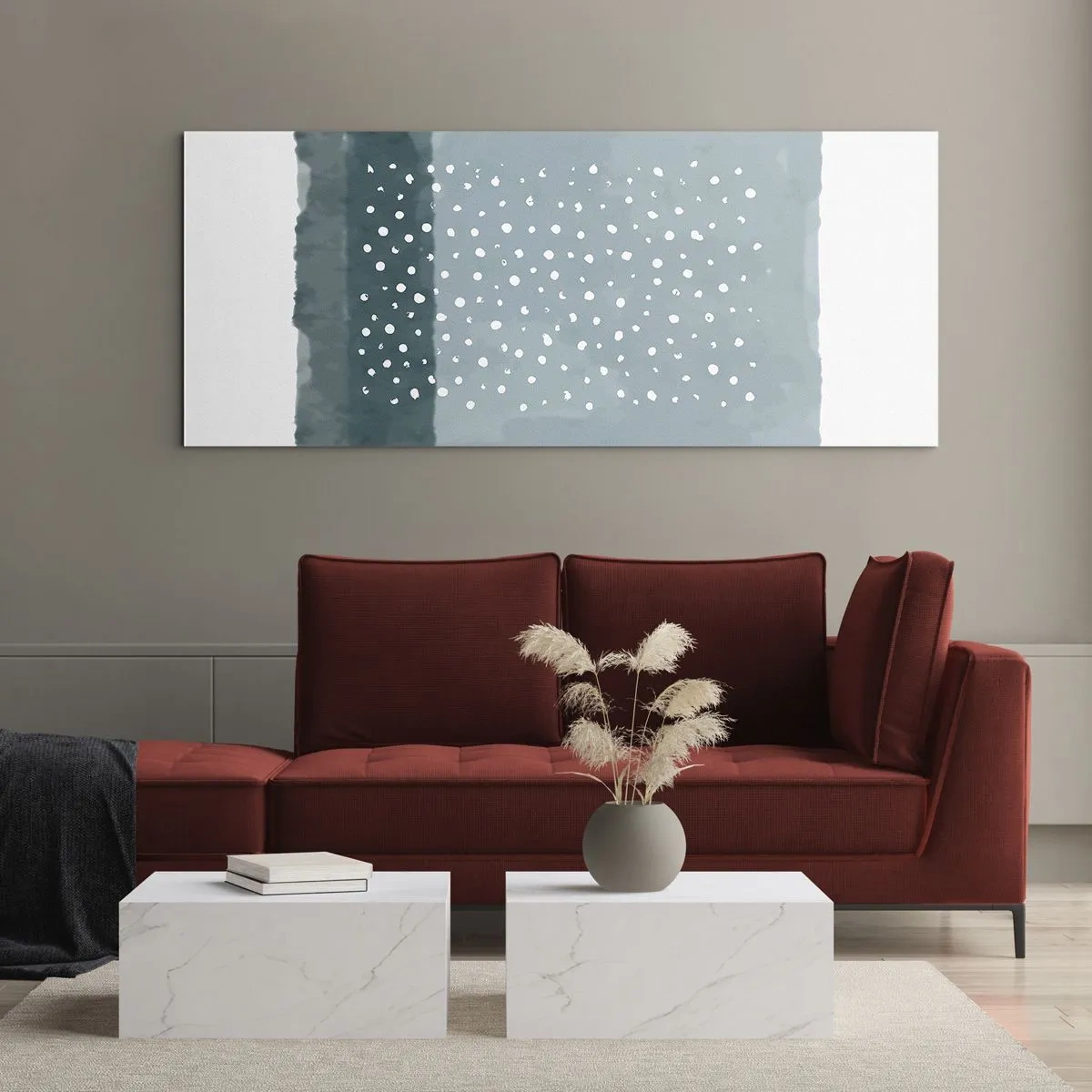 Obraz na szkle - Minimalistyczny obraz w odcieniach błękitu z kropkami - 160x50cm - Wyrosłe na błękicie - Nowoczesna dekoracja ścienna do salonu i sypialni ARTTOR