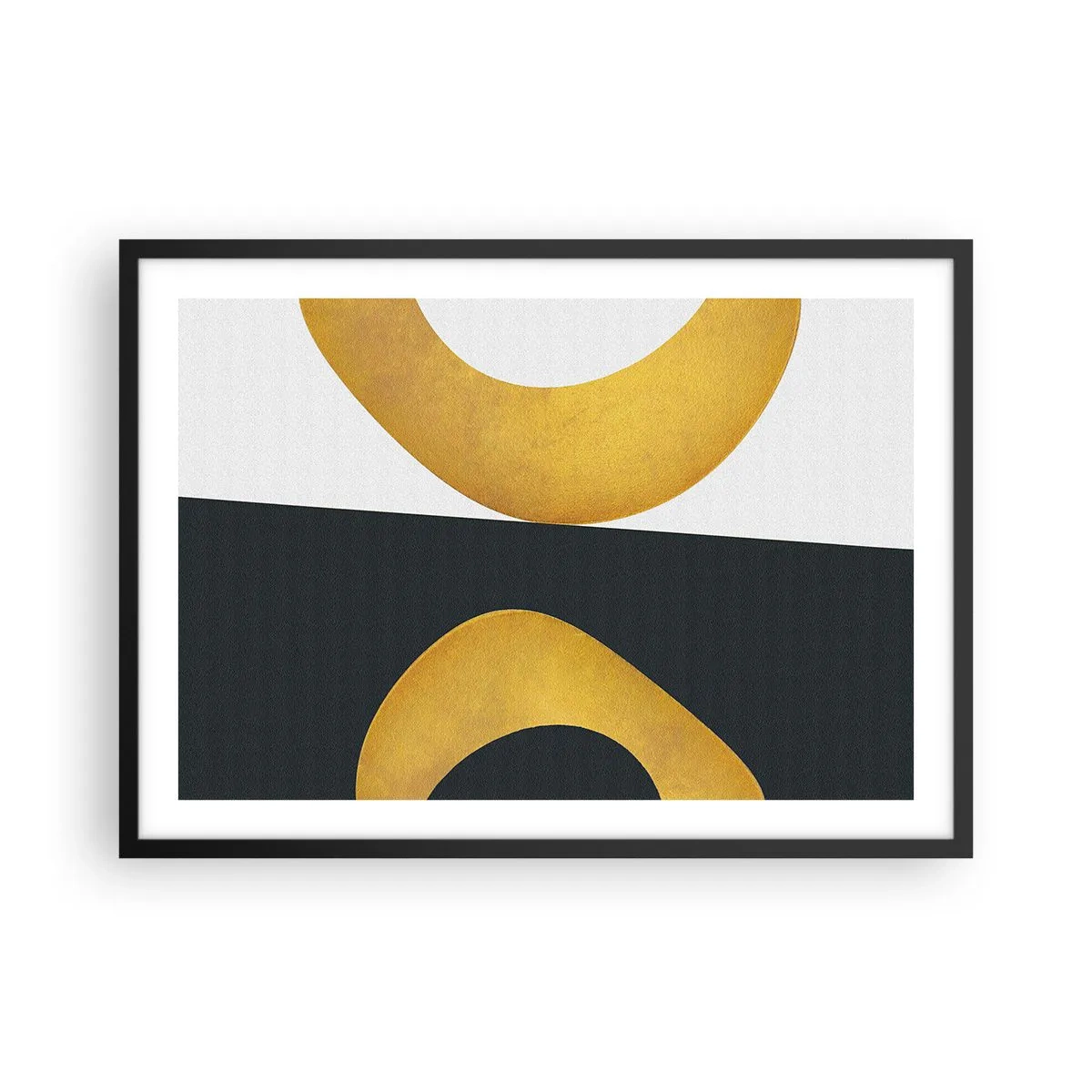 Plakat w czarnej ramie - Geometryczne kształty w złocie na białym i ciemnym tle - 70x50cm - Po pierwsze: złoto - Nowoczesna dekoracja ścienna do salonu i sypialni ARTTOR
