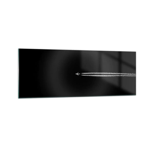 Obraz na szkle - Samolot odrzutowy z widoczną smugą na czarnym tle - 140x50cm - W inny wymiar - Nowoczesna dekoracja ścienna do salonu i sypialni ARTTOR