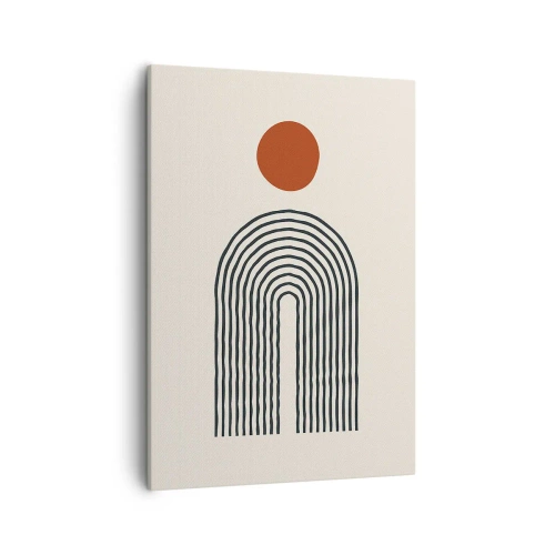 Obraz na płótnie - Abstrakcyjna kompozycja geometryczna z czarnymi liniami i pomarańczowym kołem na jasnym tle - 50x70cm - Magnetyzm kształtów i barw - Nowoczesna dekoracja ścienna do salonu, kuchni i sypialni ARTTOR