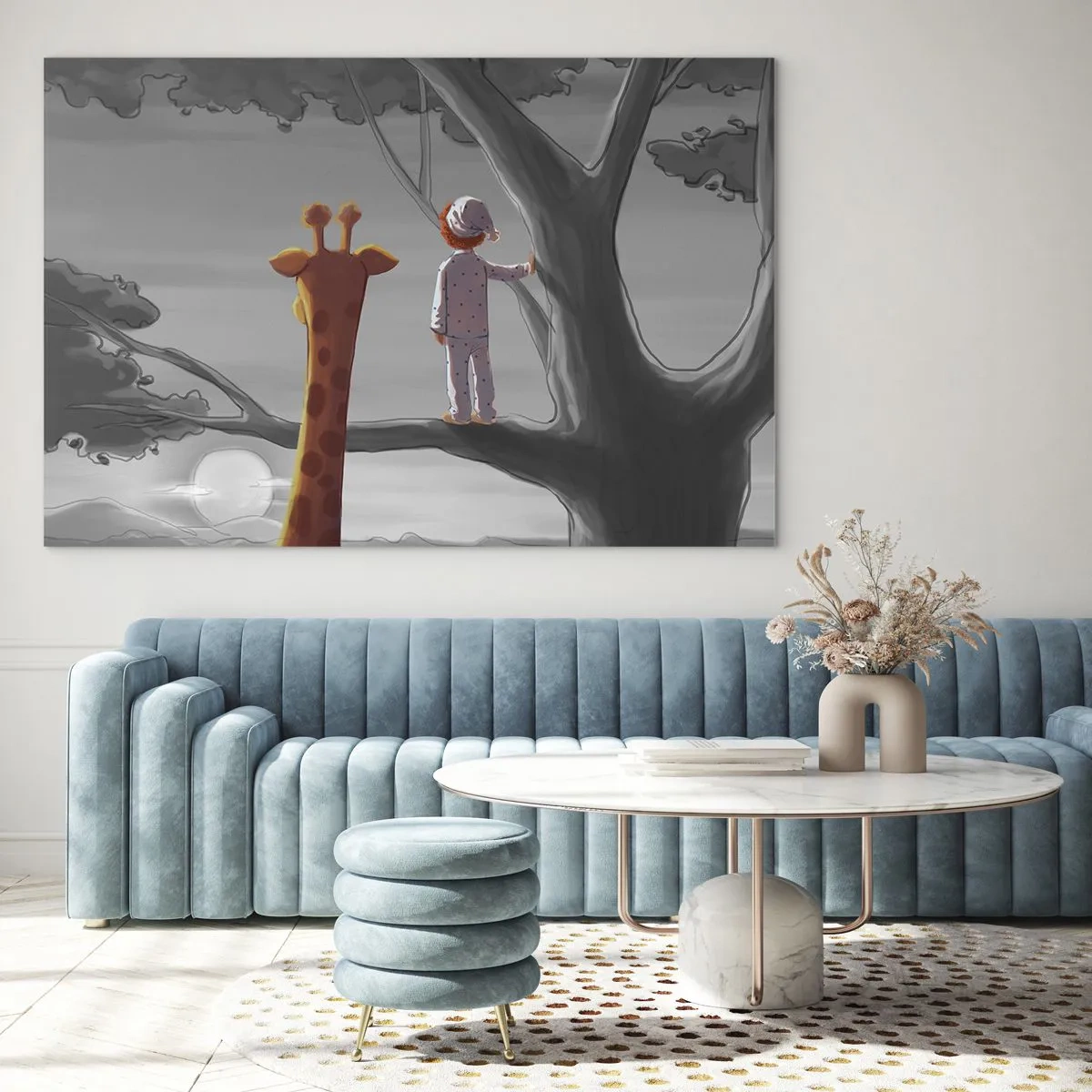 Obraz na szkle - Dziecko w piżamie i żyrafa patrzą na zachód słońca z drzewa - 70x50cm - To się naprawdę dzieje - Nowoczesna dekoracja ścienna do salonu i sypialni ARTTOR