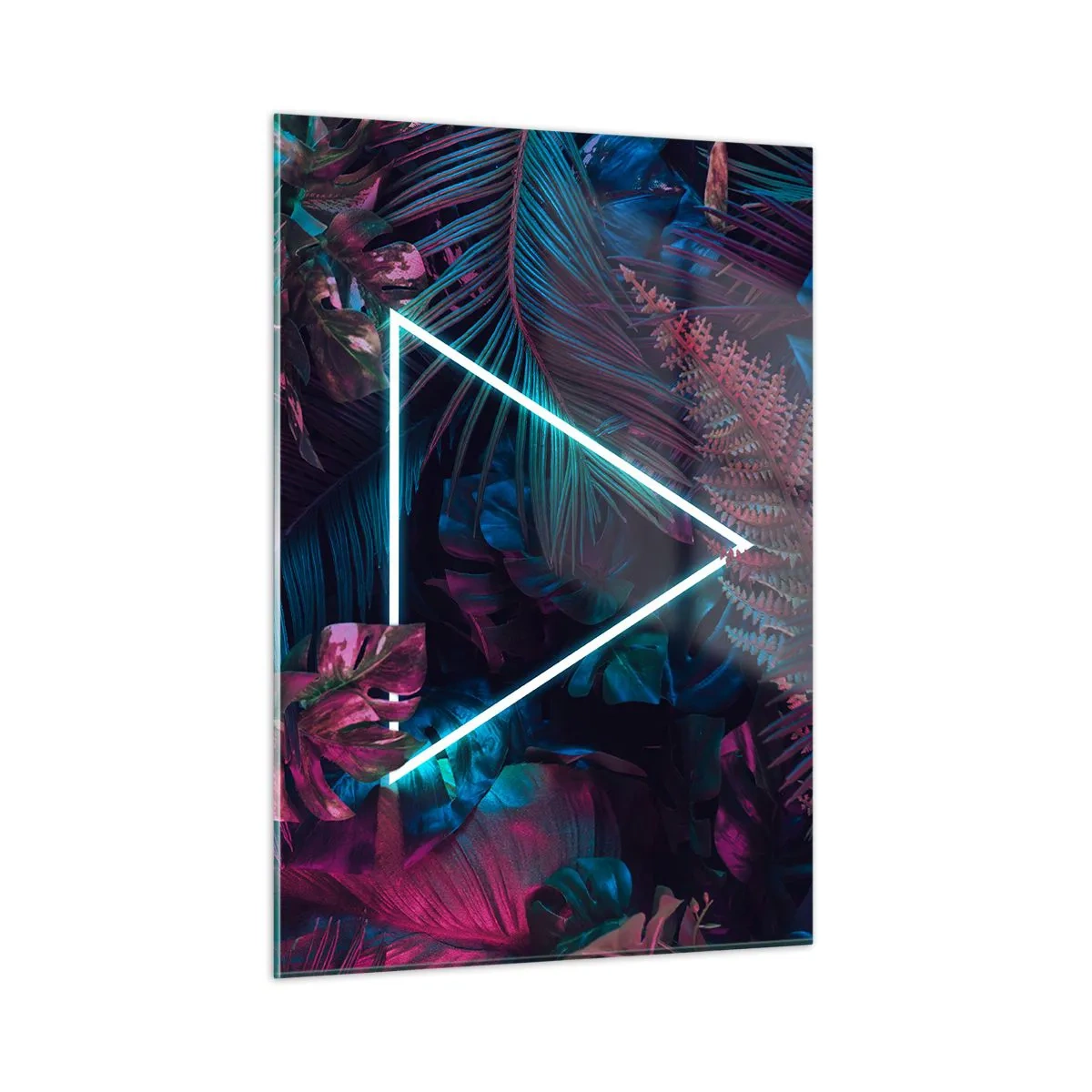Obraz na szkle - Neonowy trójkąt w otoczeniu tropikalnych roślin w odcieniach różu i niebieskiego - 50x70cm - Ogród w stylu disco - Nowoczesna dekoracja ścienna do salonu, kuchni i sypialni ARTTOR