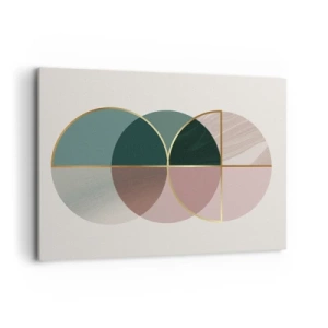 Obraz na płótnie - Abstrakcyjna kompozycja geometrycznych kształtów i złotych linii - 100x70cm - Koło za kołem… - Nowoczesna dekoracja ścienna do salonu, kuchni i sypialni ARTTOR