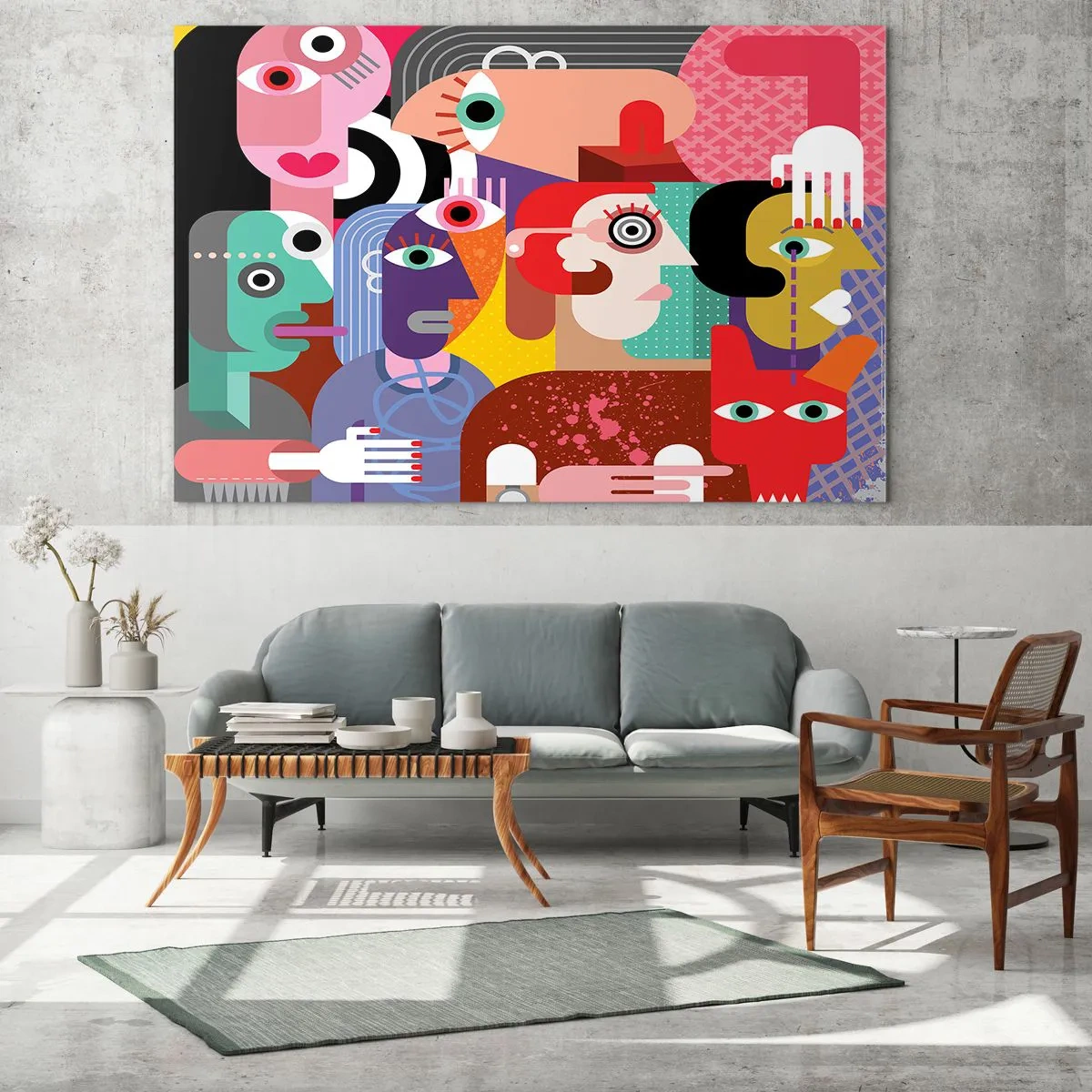 Obraz na szkle - Abstrakcyjna kompozycja twarzy w żywych kolorach - 120x80cm - My od pana Picassa - Nowoczesna dekoracja ścienna do salonu, kuchni i sypialni ARTTOR