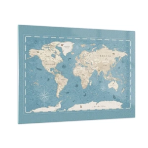 Obraz na szkle - Świat w zasięgu ręki - Stylizowana mapa świata na niebieskim tle - 70x50cm