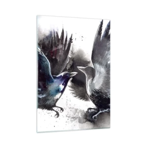 Obraz na szkle - Dwa kruki w dynamicznej pozycji z rozpostartymi skrzydłami - 50x70cm - Kruk krukowi… - Nowoczesna dekoracja ścienna do salonu, kuchni i sypialni ARTTOR