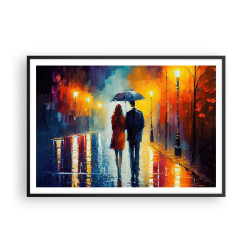 Plakat w czarnej ramie - Para pod parasolem spacerująca po kolorowym nocnym mieście - 100x70cm - Razem – kolorowa noc - Nowoczesna dekoracja ścienna do salonu i sypialni ARTTOR